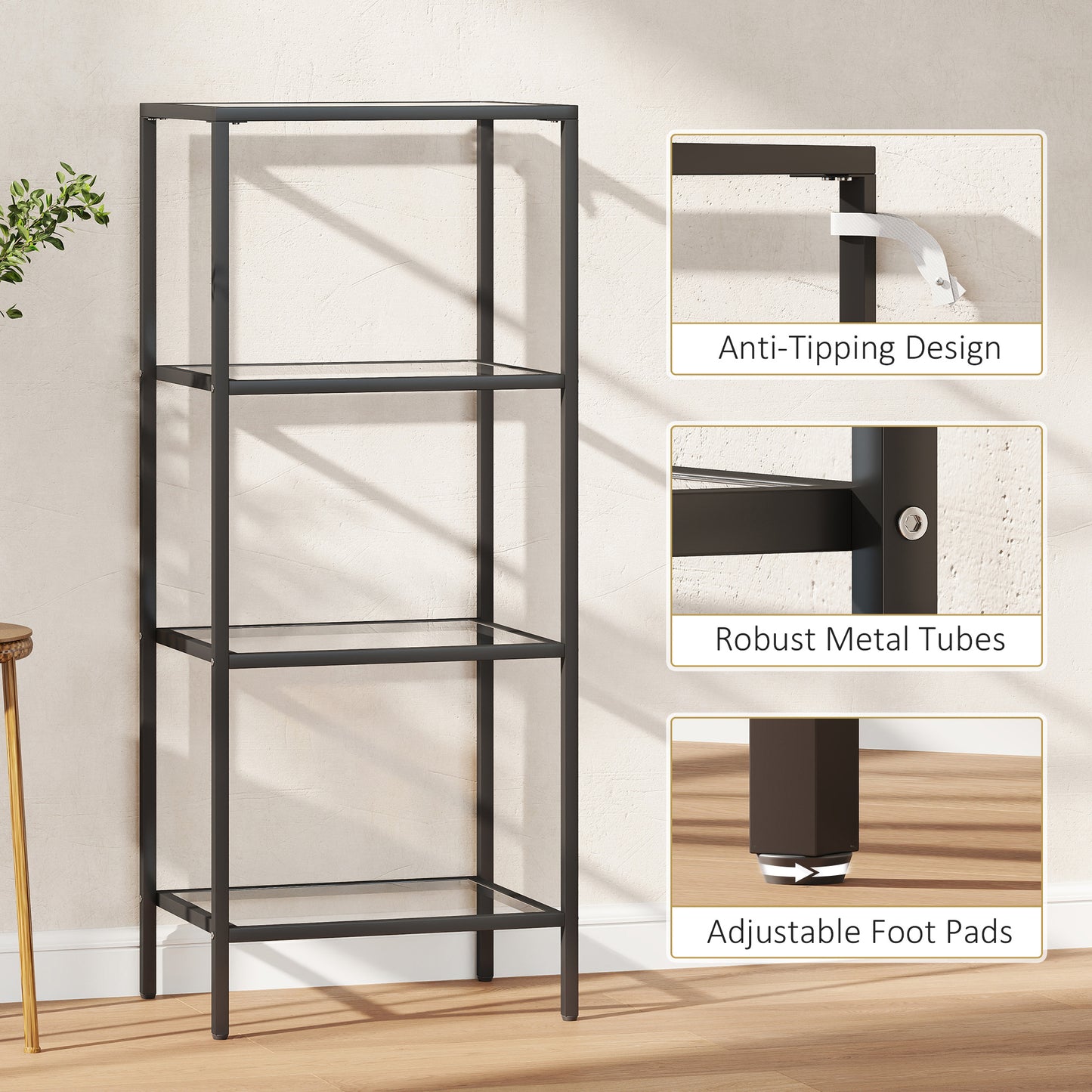 Elso Metal And Glass Black 4 Tier Vertical Shelving Unit For Living And Office Use