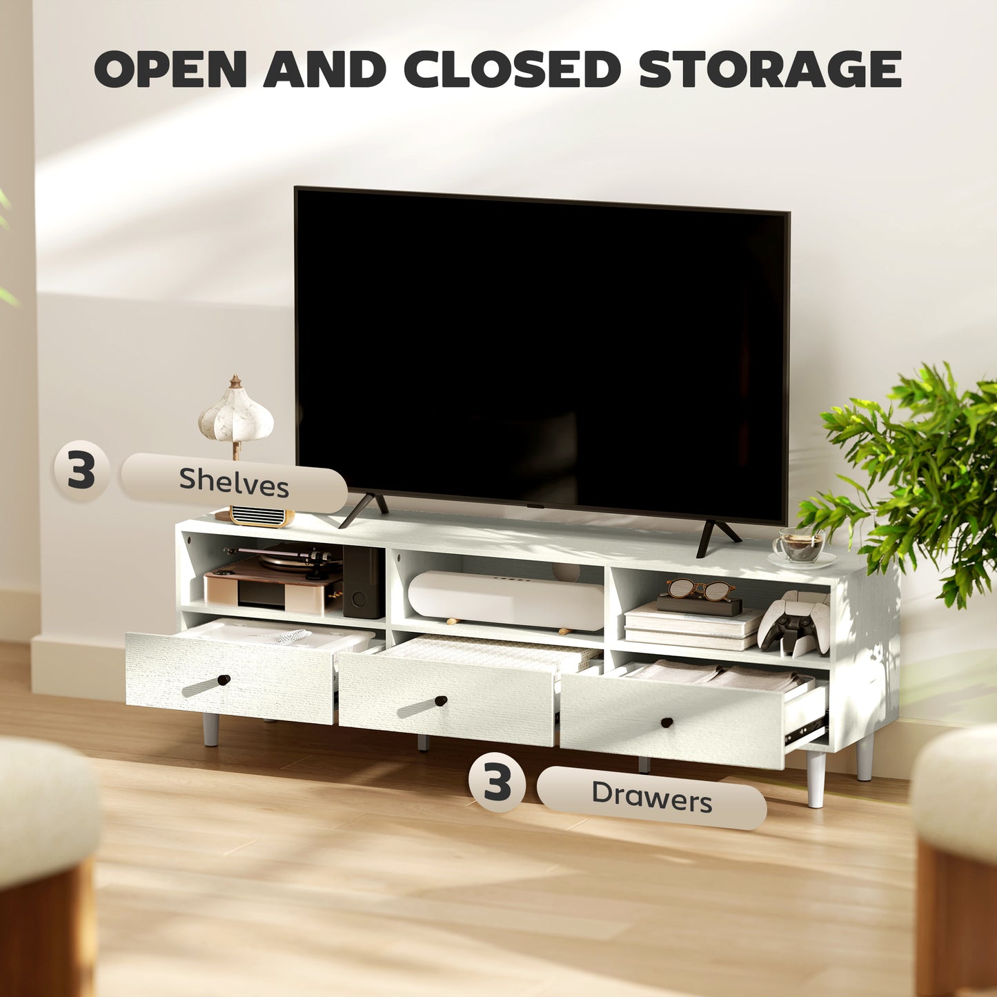 Kedito Cream White Multi Storage TV Stand 3 Drawers and Open Compartments