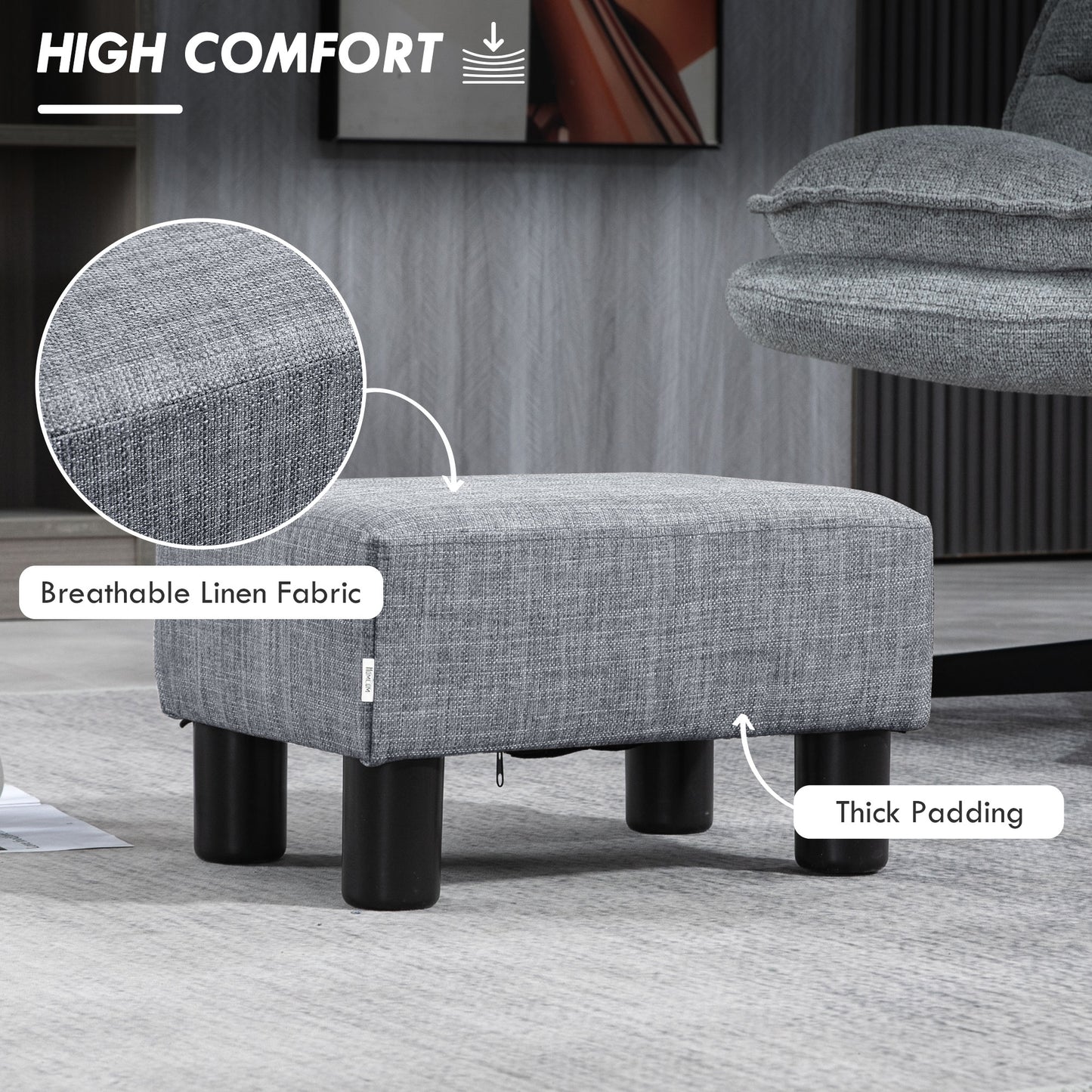Nekael Linen Grey Cube Footstool With 4 Plastic Feet