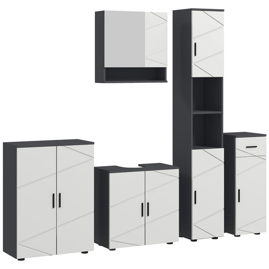 Elva 5 Piece Bathroom Furniture Set With Tall Cabinets Mirror And Fauxdestal Sink Storage Grey