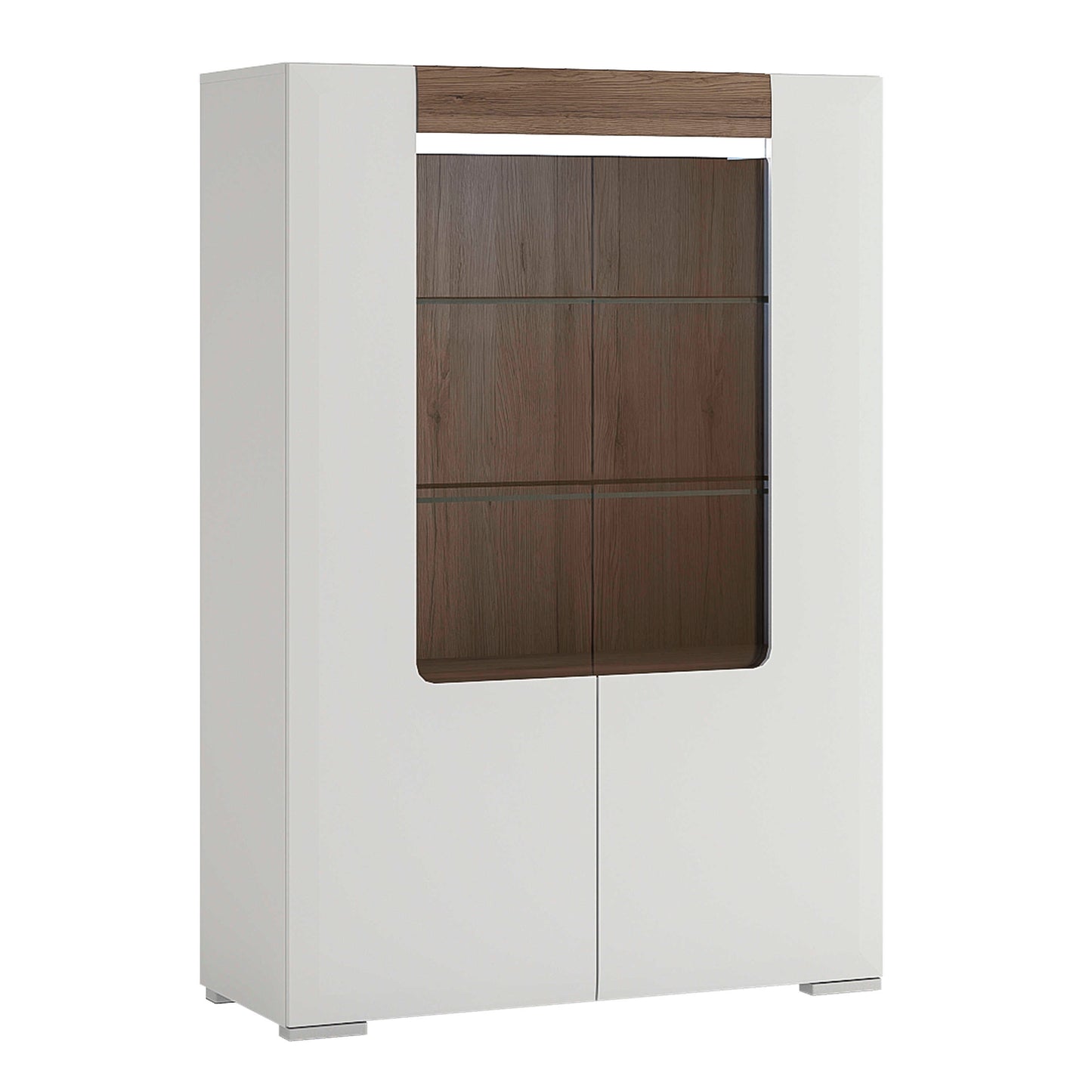 Porto Low Gloss White Glazed Display Cabinet Oak Detail 2 Doors 3 Shelves