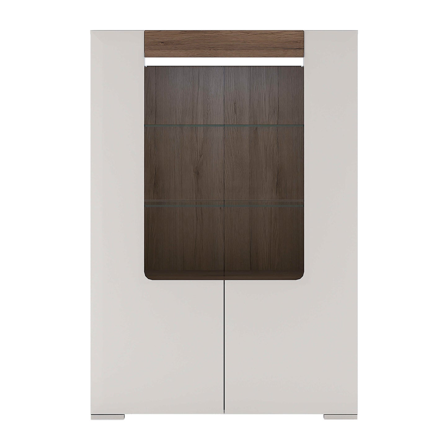 Porto Low Gloss White Glazed Display Cabinet Oak Detail 2 Doors 3 Shelves