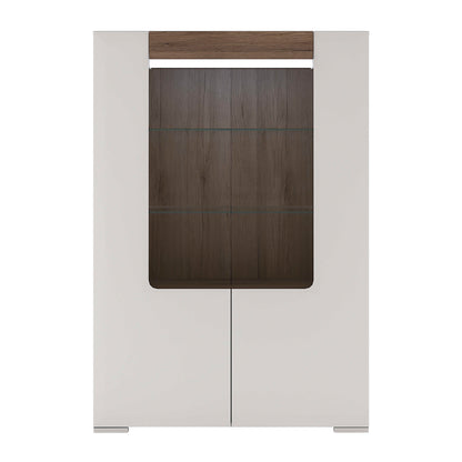 Porto Low Gloss White Glazed Display Cabinet Oak Detail 2 Doors 3 Shelves