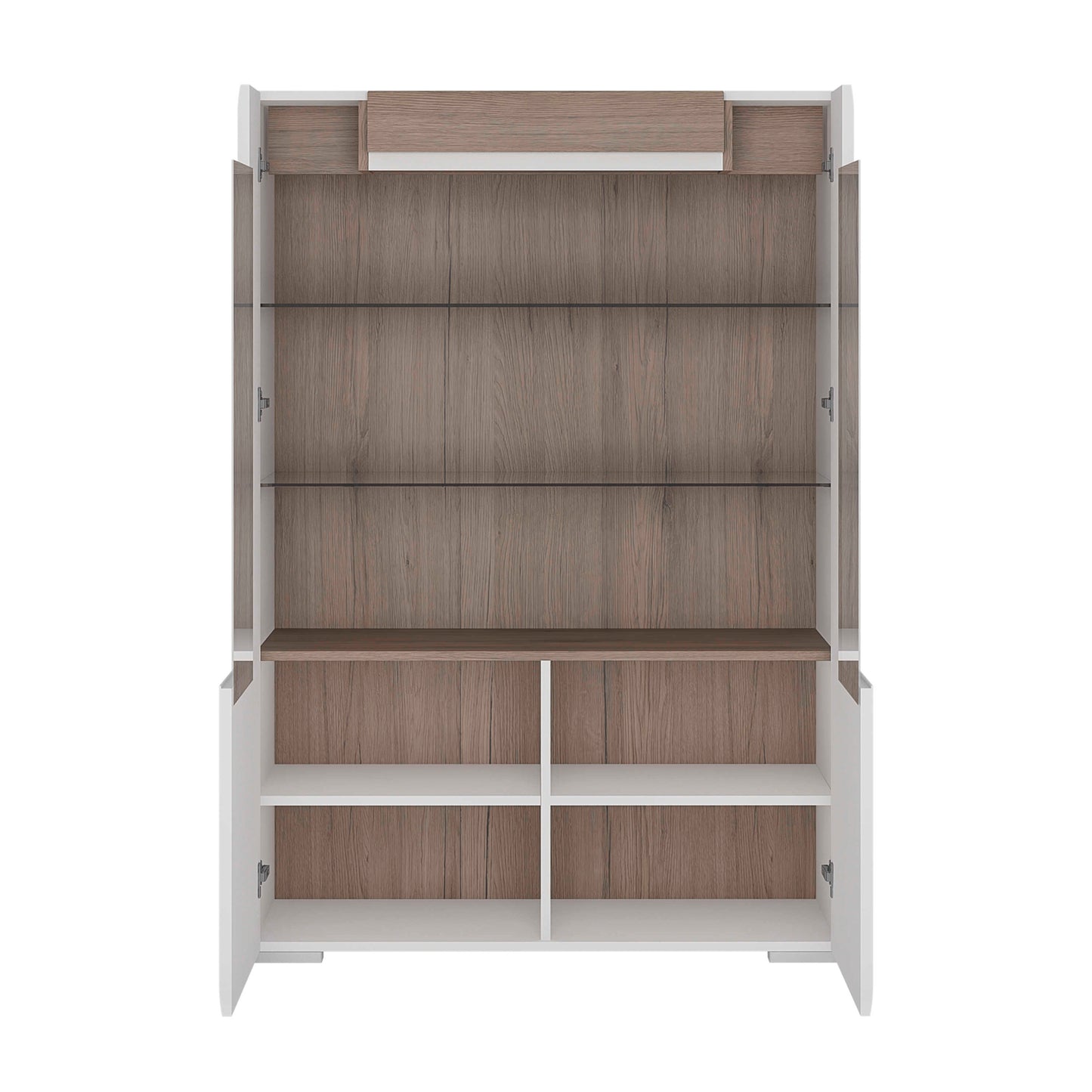 Porto Low Gloss White Glazed Display Cabinet Oak Detail 2 Doors 3 Shelves