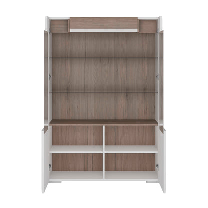 Porto Low Gloss White Glazed Display Cabinet Oak Detail 2 Doors 3 Shelves