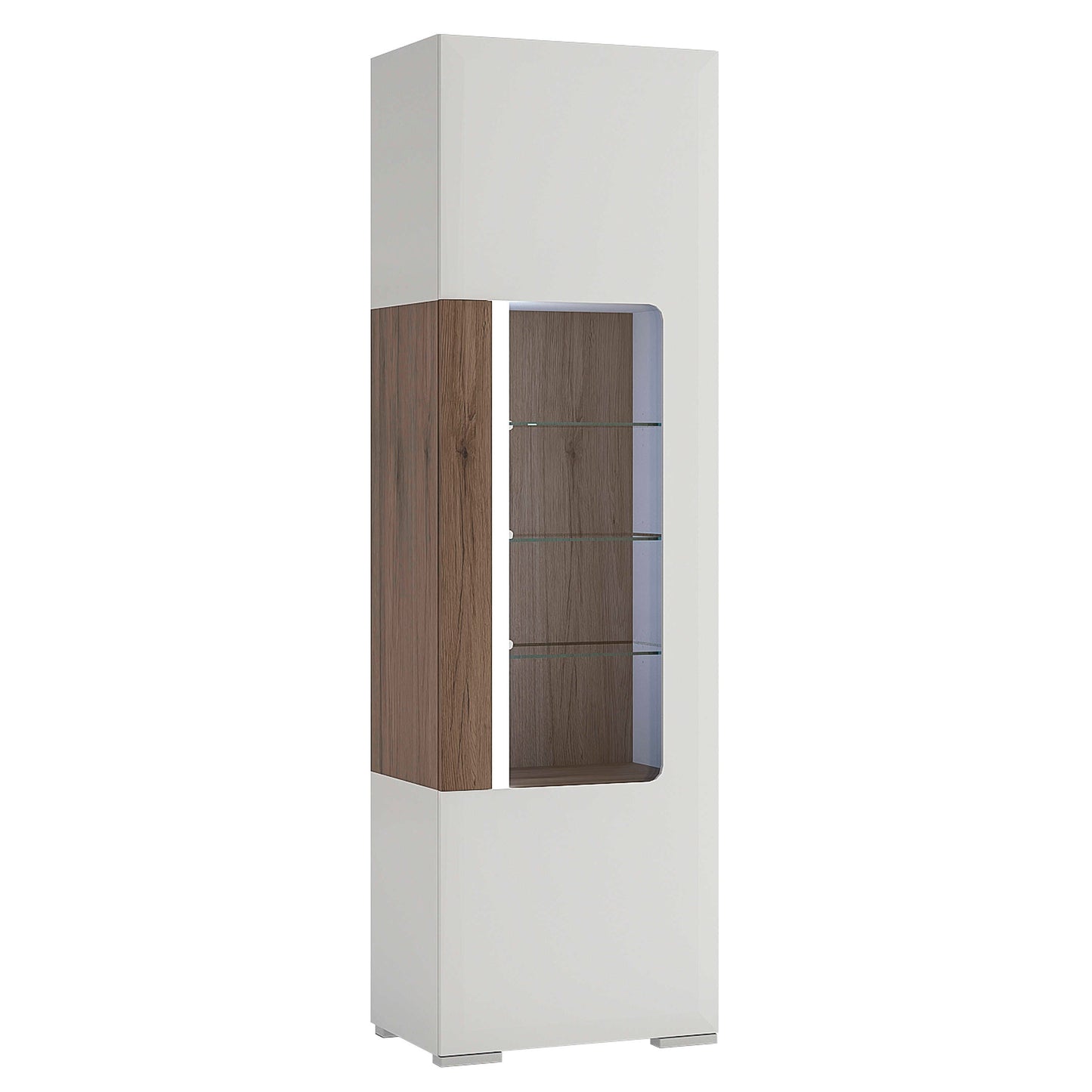 Porto Tall Gloss White Display Cabinet Oak Detail 1 Door and 4 Shelves with Light