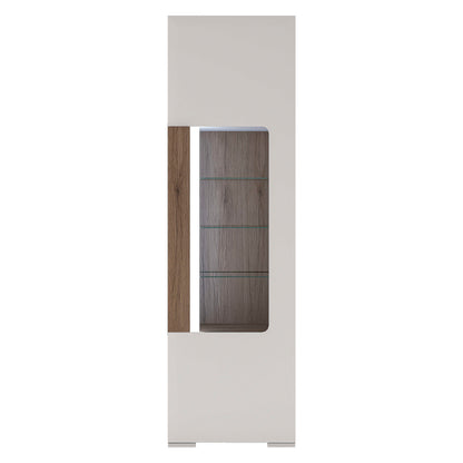 Porto Tall Gloss White Display Cabinet Oak Detail 1 Door and 4 Shelves with Light