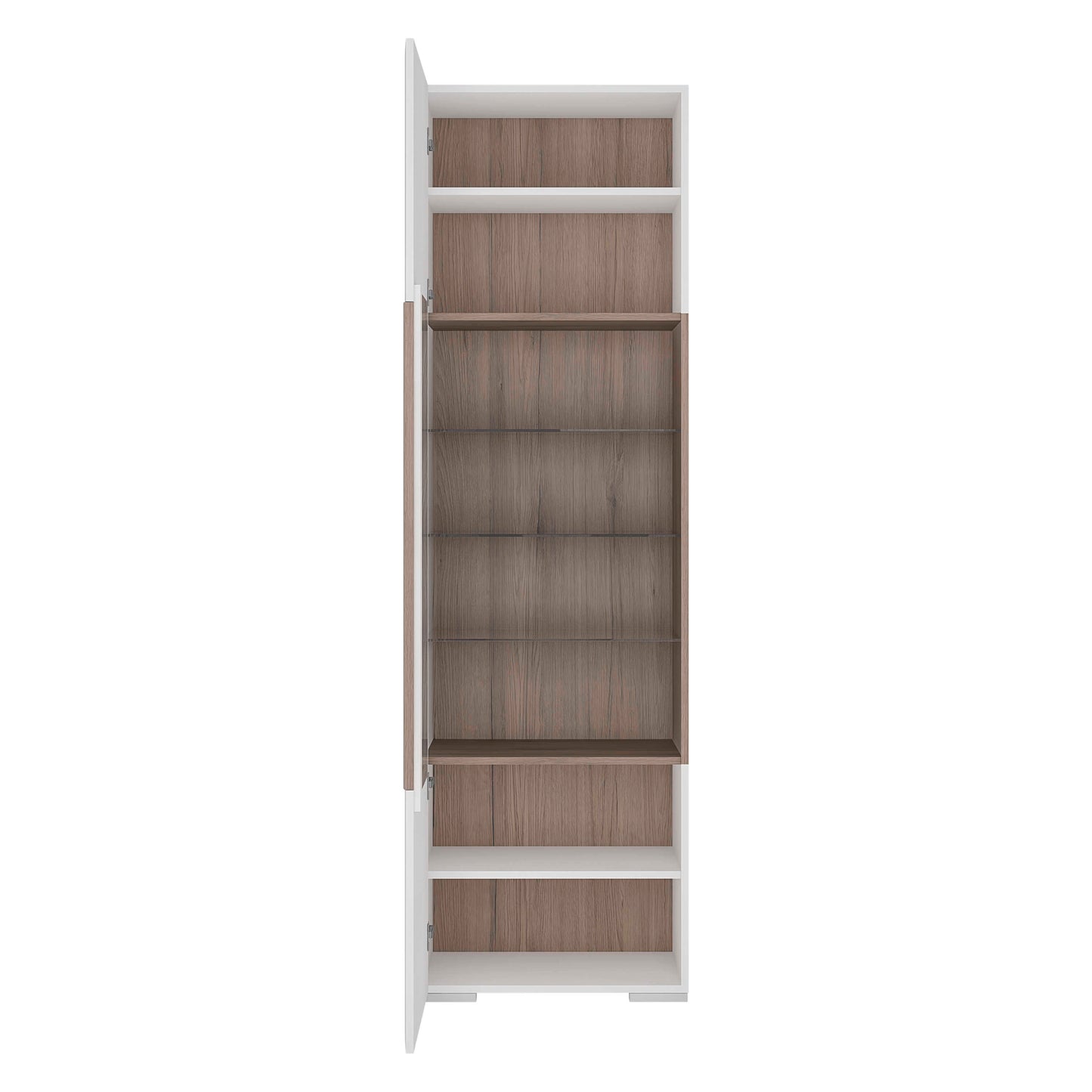 Porto Tall Gloss White Display Cabinet Oak Detail 1 Door and 4 Shelves with Light