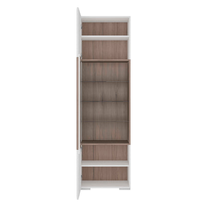 Porto Tall Gloss White Display Cabinet Oak Detail 1 Door and 4 Shelves with Light