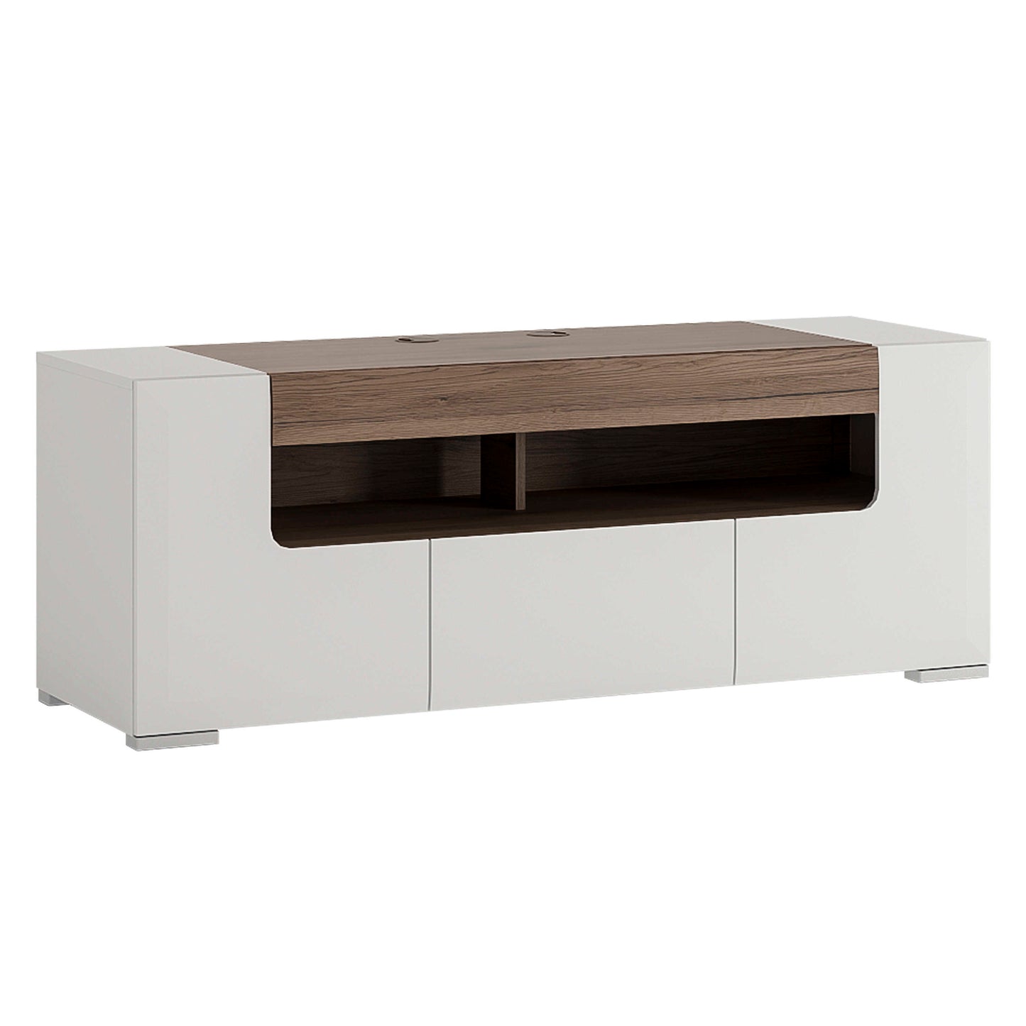 Porto 140cm Gloss White TV Cabinet with Oak Detail 2 Doors and 1 Drawer