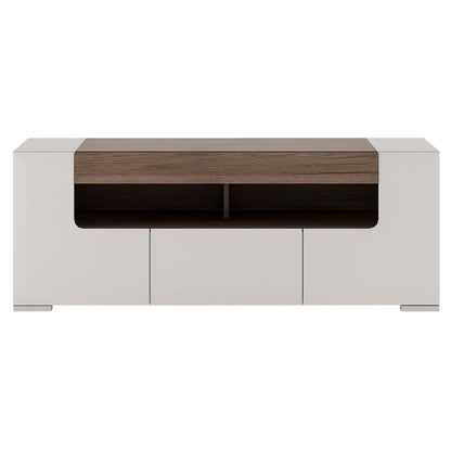 Porto 140cm Gloss White TV Cabinet with Oak Detail 2 Doors and 1 Drawer
