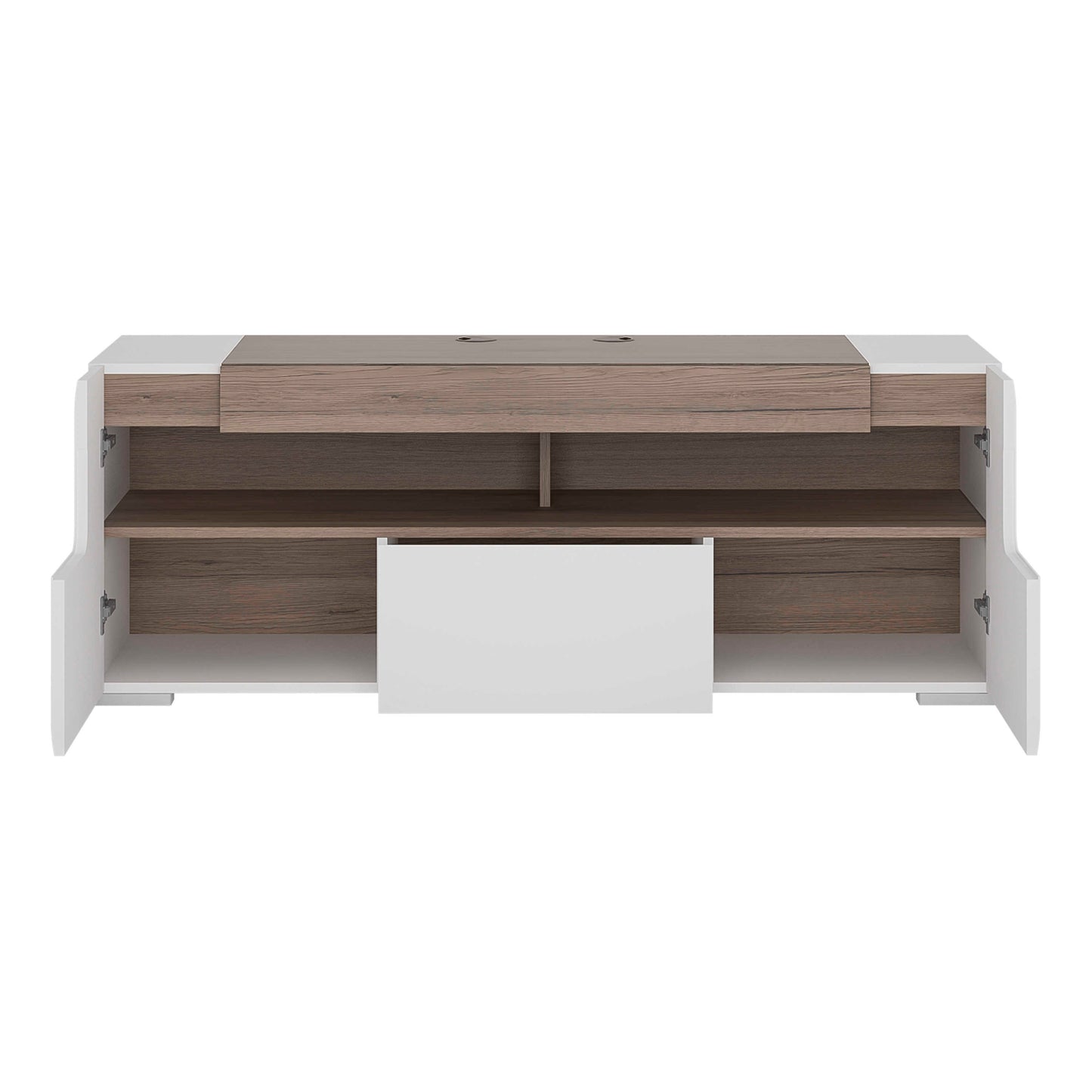 Porto 140cm Gloss White TV Cabinet with Oak Detail 2 Doors and 1 Drawer