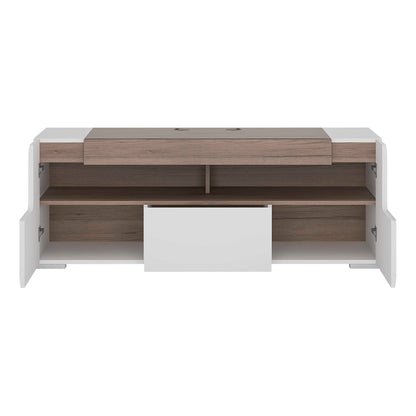 Porto 140cm Gloss White TV Cabinet with Oak Detail 2 Doors and 1 Drawer