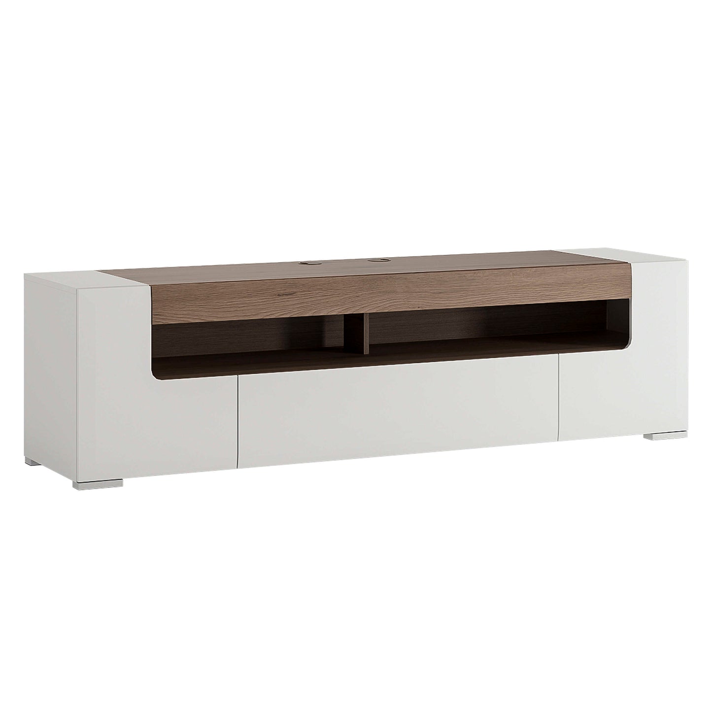 Porto Wide Gloss White TV Cabinet with Oak Detail 2 Doors and 2 Drawers