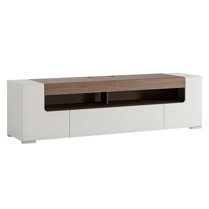 Porto Wide Gloss White TV Cabinet with Oak Detail 2 Doors and 2 Drawers