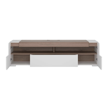 Porto Wide Gloss White TV Cabinet with Oak Detail 2 Doors and 2 Drawers