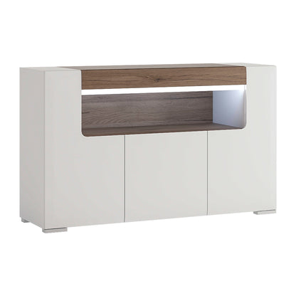 Porto Gloss White Sideboard with Oak Detail 3 Doors 2 Shelves