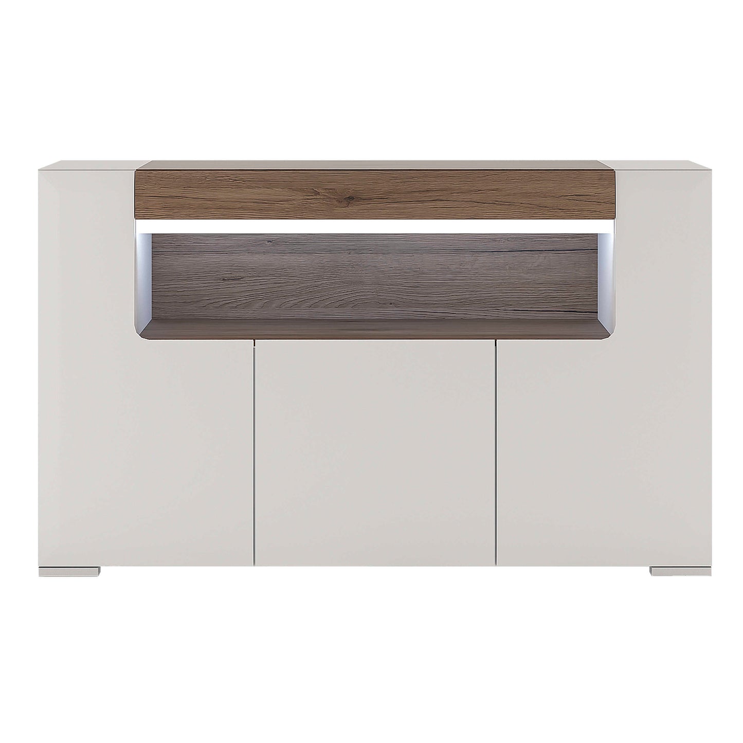 Porto Gloss White Sideboard with Oak Detail 3 Doors 2 Shelves
