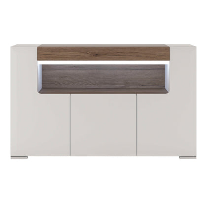 Porto Gloss White Sideboard with Oak Detail 3 Doors 2 Shelves