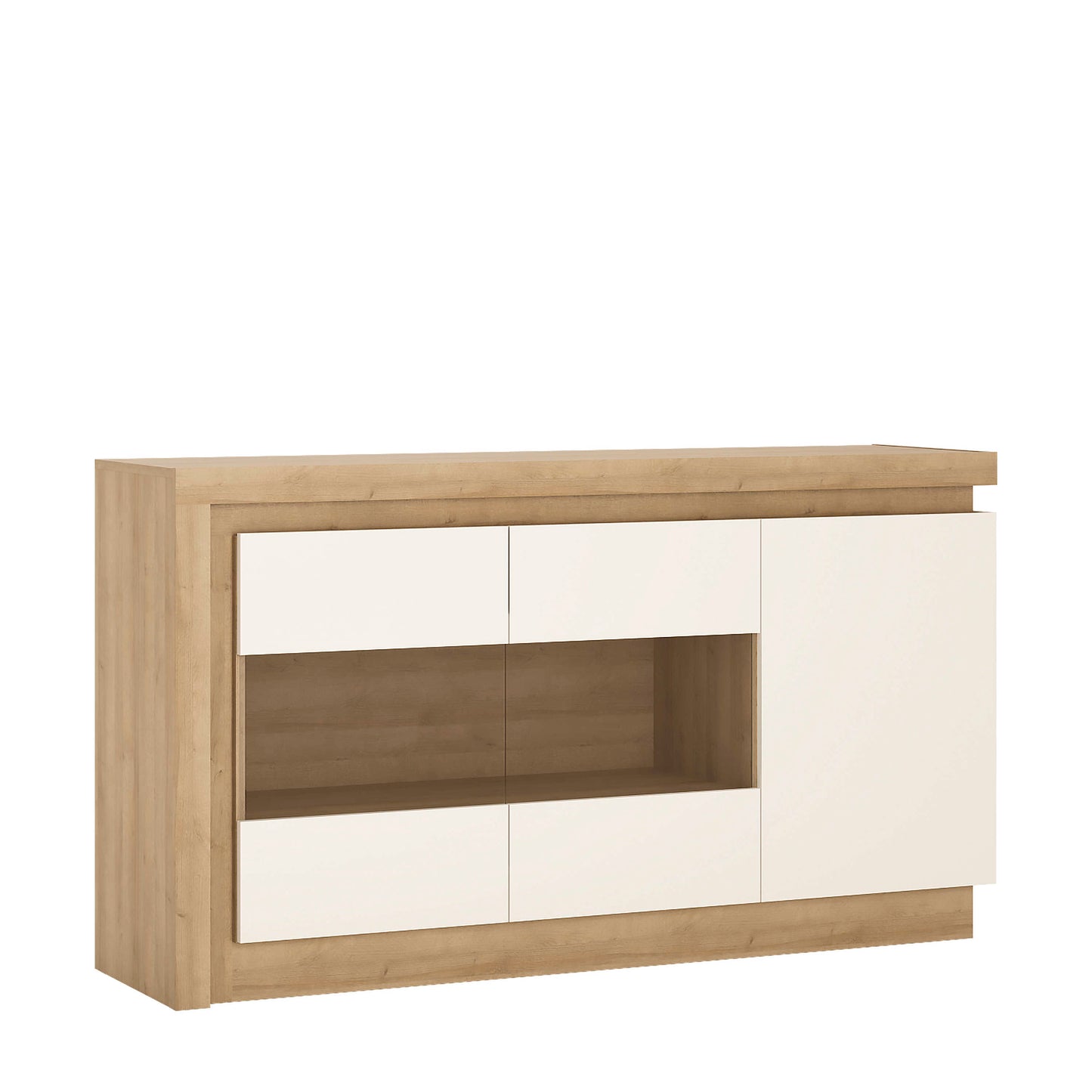 Hjorring White Gloss and Natural Oak Wood Minimalist Sideboard 3 Doors with LED Lights