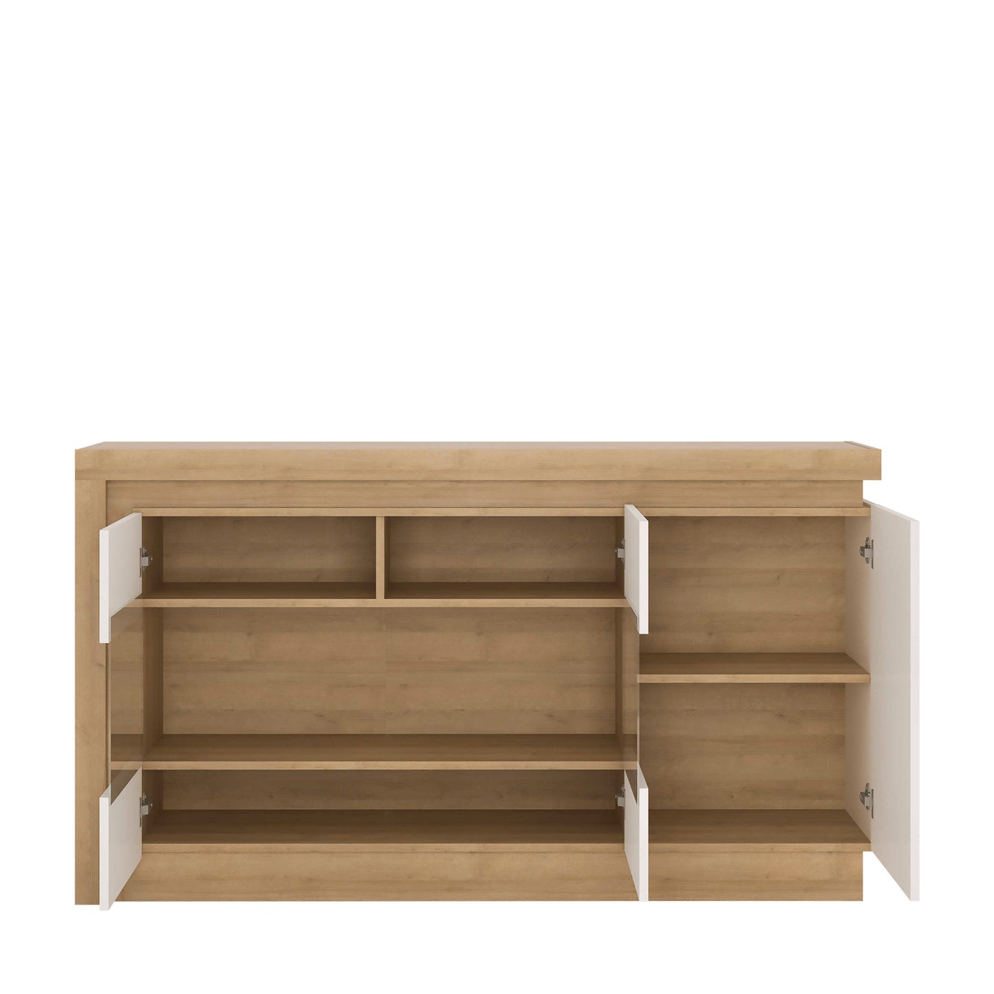 Hjorring White Gloss and Natural Oak Wood Minimalist Sideboard 3 Doors with LED Lights