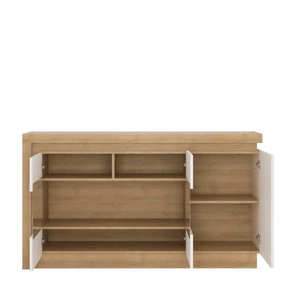 Hjorring White Gloss and Natural Oak Wood Minimalist Sideboard 3 Doors with LED Lights
