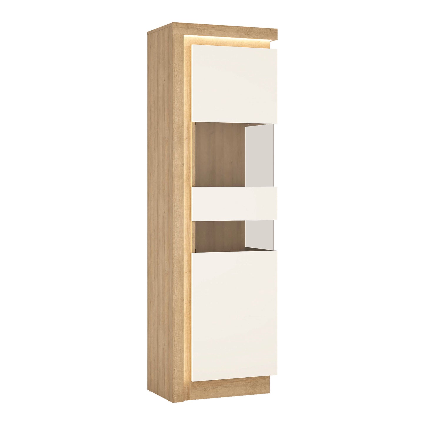 Hjorring White and Natural Oak Wood Tall Narrow Display Cabinet