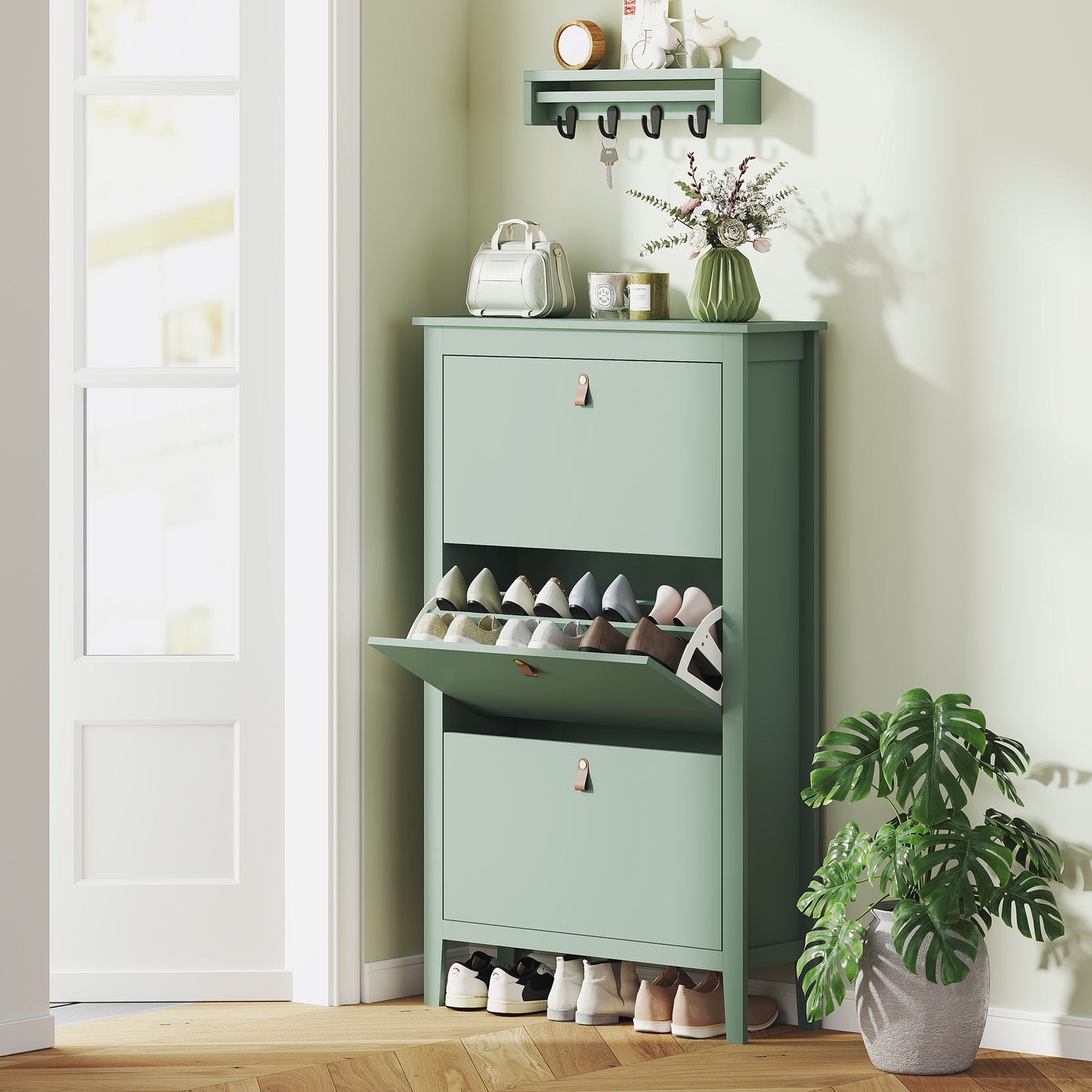 Diveve Wooden Mint Green Modern 3 Drawer Shoe Cabinet Faux Leather Handles