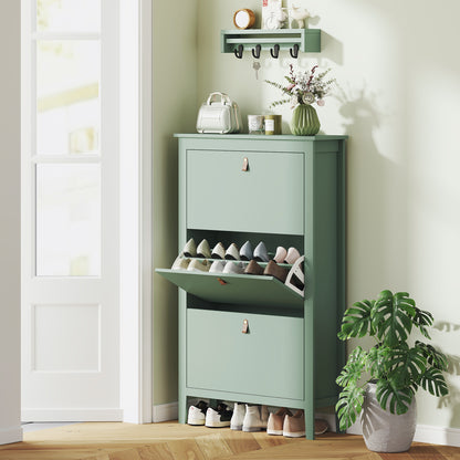 Diveve Wooden Mint Green Modern 3 Drawer Shoe Cabinet Faux Leather Handles