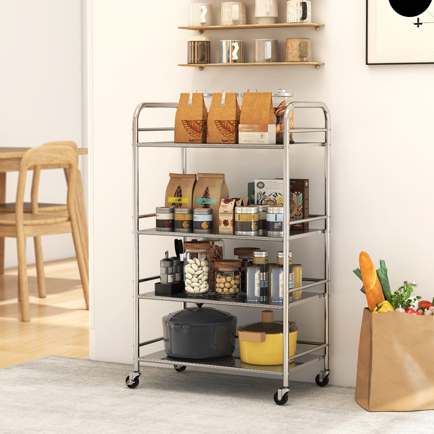 Lalu Stainless Steel Silver 4 Tier Kitchen Trolley With Adjustable Shelves