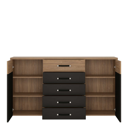 Dunedin Black and Natural Oak Effect Wide Cupboard 2 Door 5 Drawers