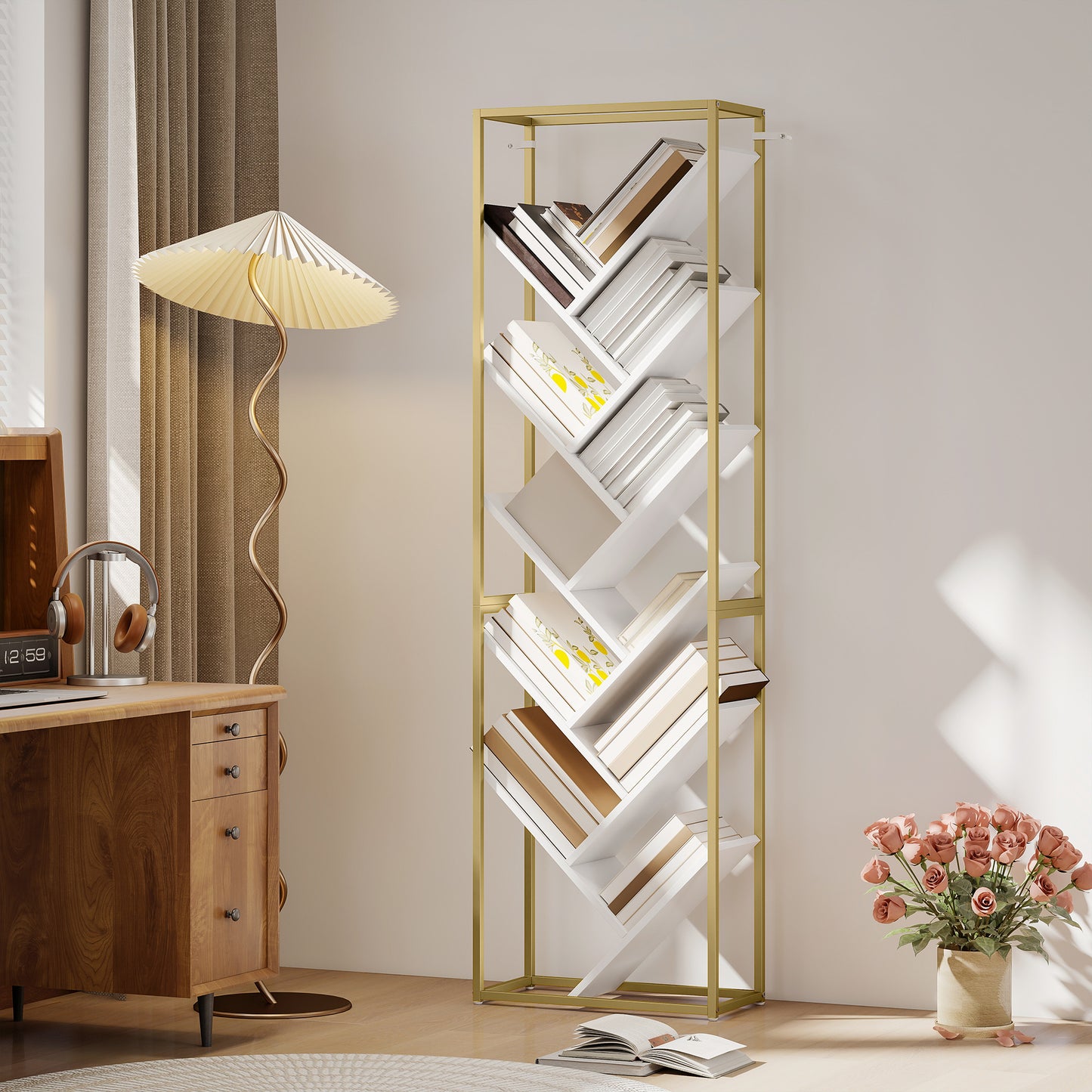 Loelne Wood And Metal Gold Tone And White 10 Tier Modern Display Bookcase