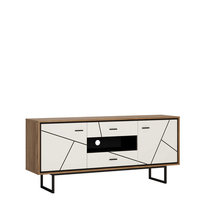 Dabbleton Walnut and White Wood 2 Door 2 Drawer TV Unit Geometric Design