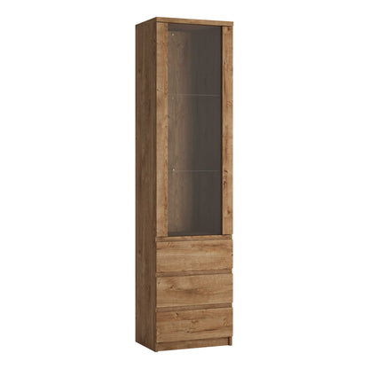 Hemingway Natural Oak Wood Tall Narrow Display Cabinet 1 Door 3 Drawer