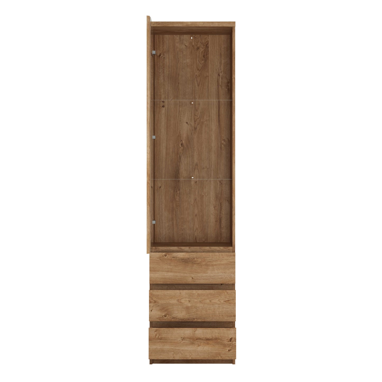 Hemingway Natural Oak Wood Tall Narrow Display Cabinet 1 Door 3 Drawer