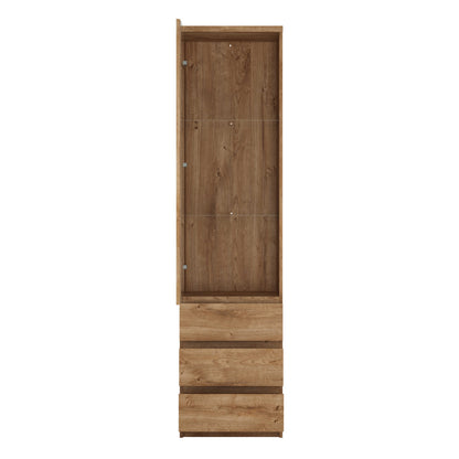 Hemingway Natural Oak Wood Tall Narrow Display Cabinet 1 Door 3 Drawer