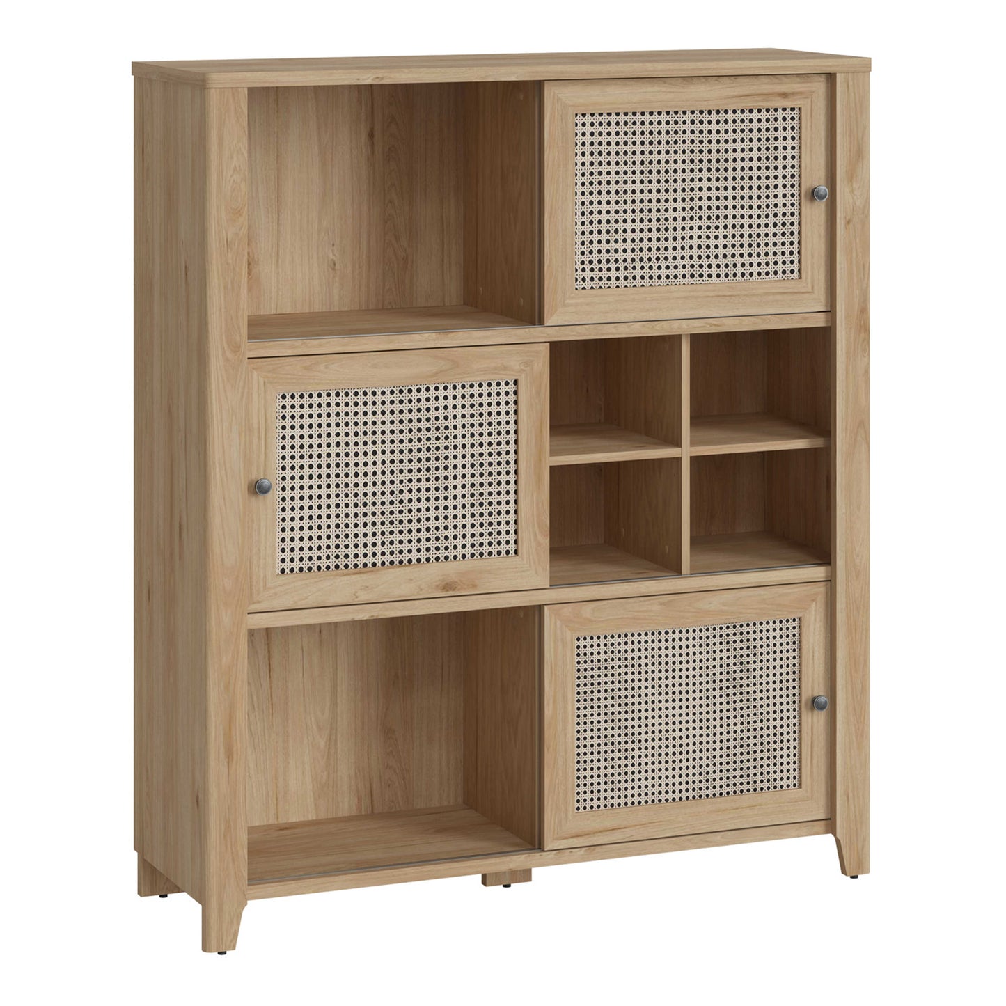 Monza Natural Oak Wood and Rattan 3 Sliding Door Cabinet