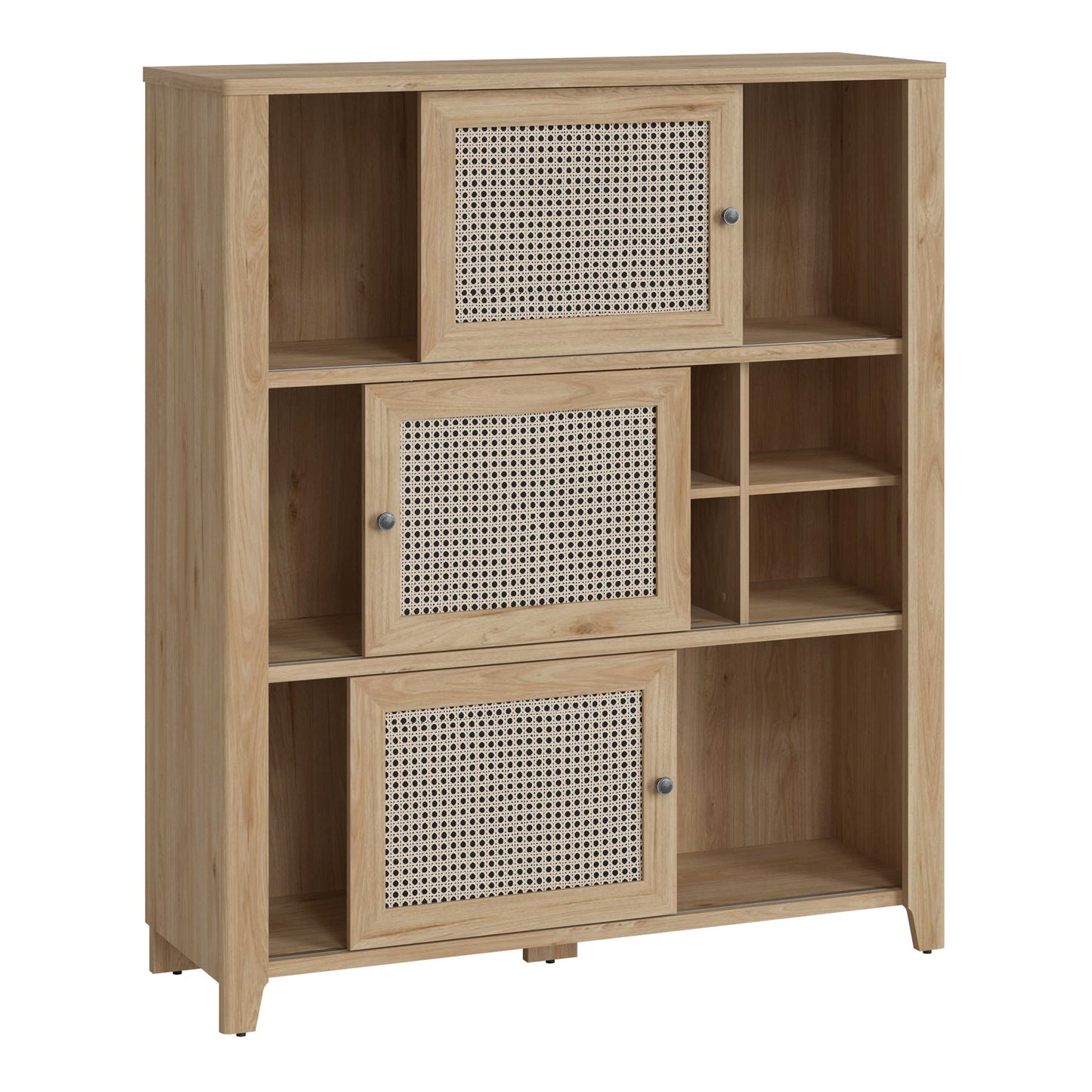 Monza Natural Oak Wood and Rattan 3 Sliding Door Cabinet
