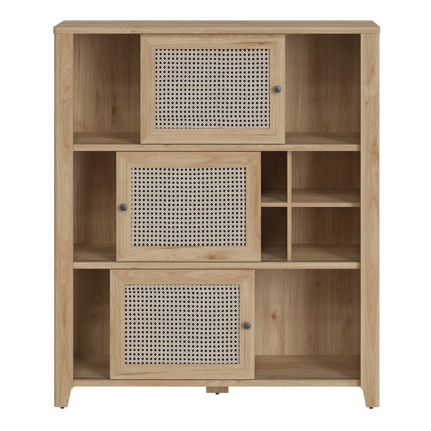 Monza Natural Oak Wood and Rattan 3 Sliding Door Cabinet
