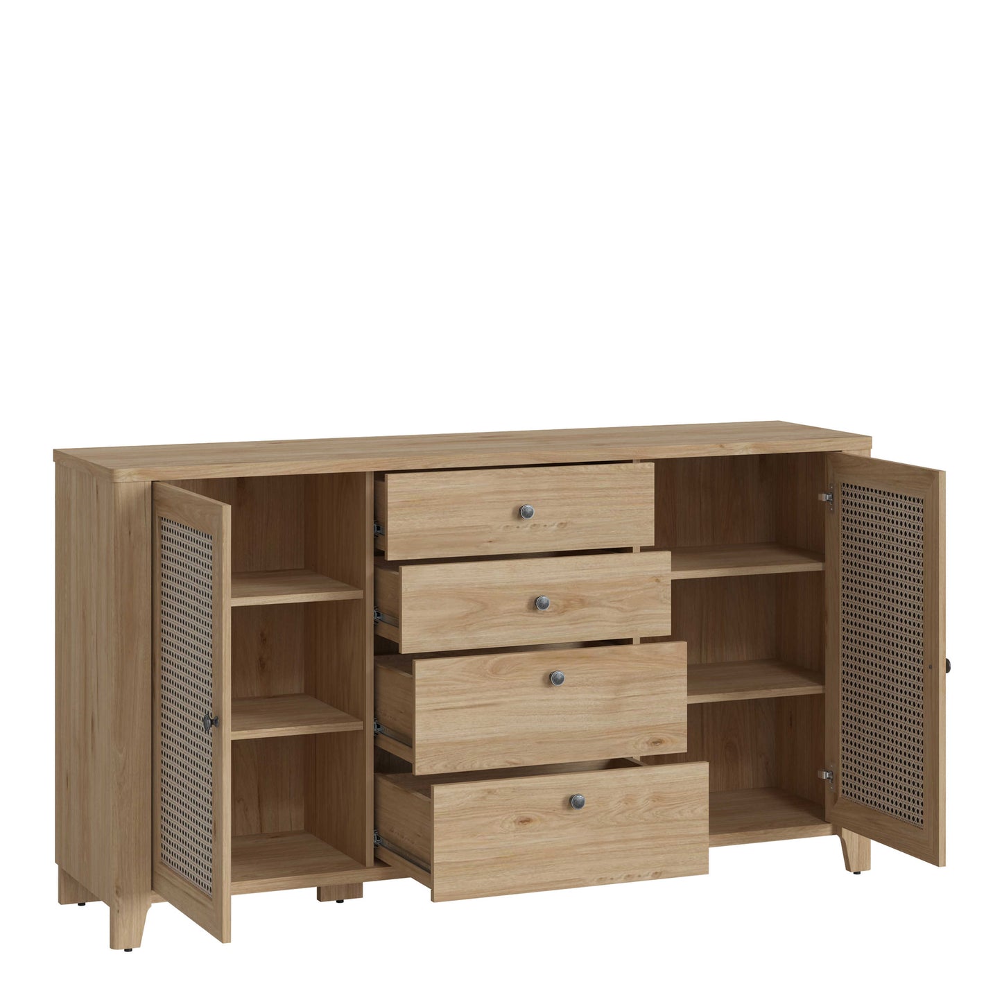 Monza Natural Oak Wood and Rattan 2 Door 4 Drawer Sideboard