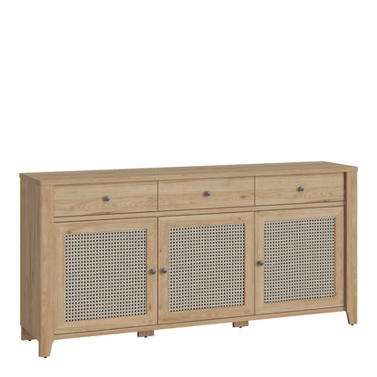 Monza Natural Oak Wood and Rattan Sideboard 3 Door 3 Drawer
