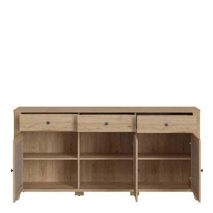 Monza Natural Oak Wood and Rattan Sideboard 3 Door 3 Drawer