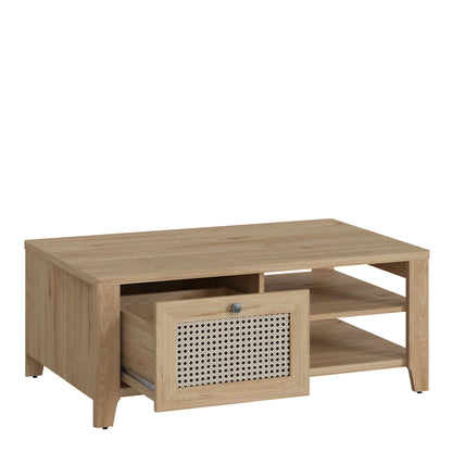 Monza Natural Oak Wood and Rattan Coffee Table with 1 Drawer