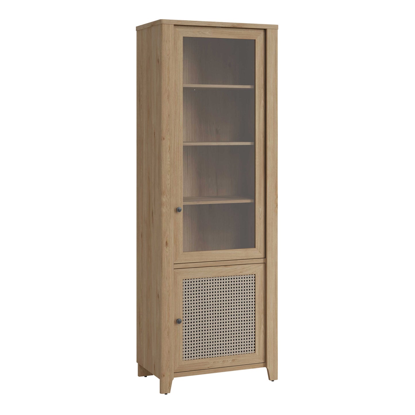 Monza Tall Natural Oak Wood and Rattan 2 Door Display Cabinet