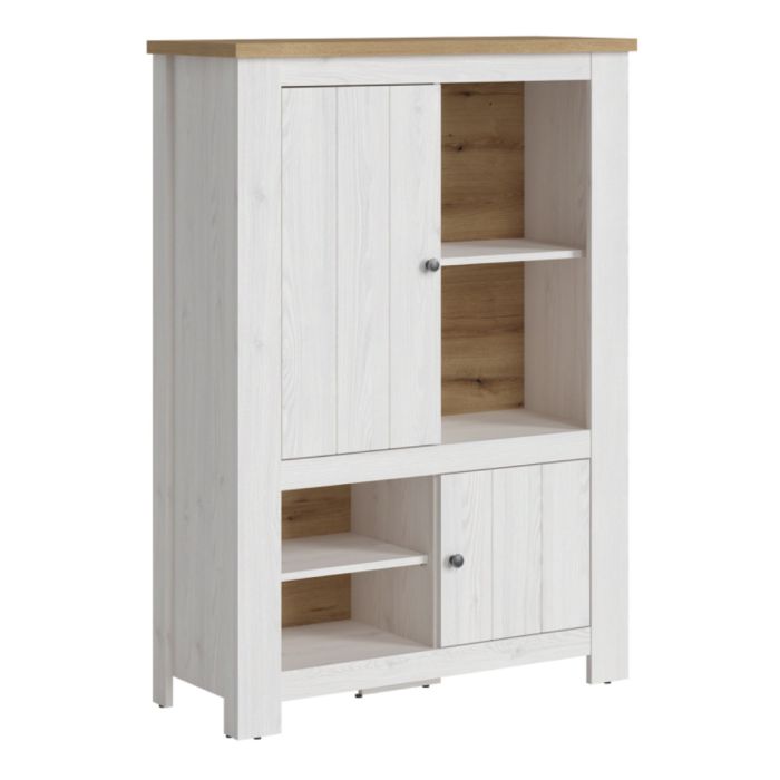 Tipsyfern White Oak Wood 2 Door 4 Shelves Display Cabinet with LED Lights