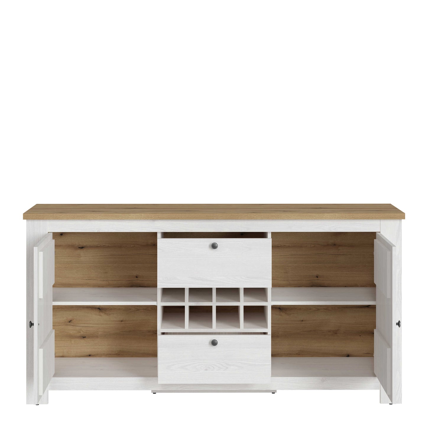 Tipsyfern White and Natural Oak Wood 2 Door 2 Drawer Sideboard with Wine Rack