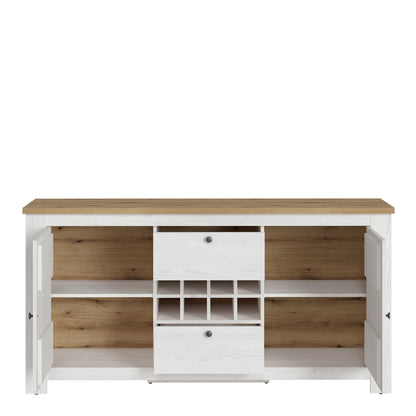 Tipsyfern White and Natural Oak Wood 2 Door 2 Drawer Sideboard with Wine Rack
