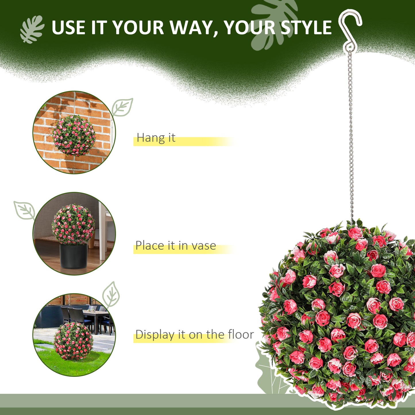 Colana Yoli Set Of 2 Artificial UV Resistant Rose Style Topiary Balls H8 28cm Pink