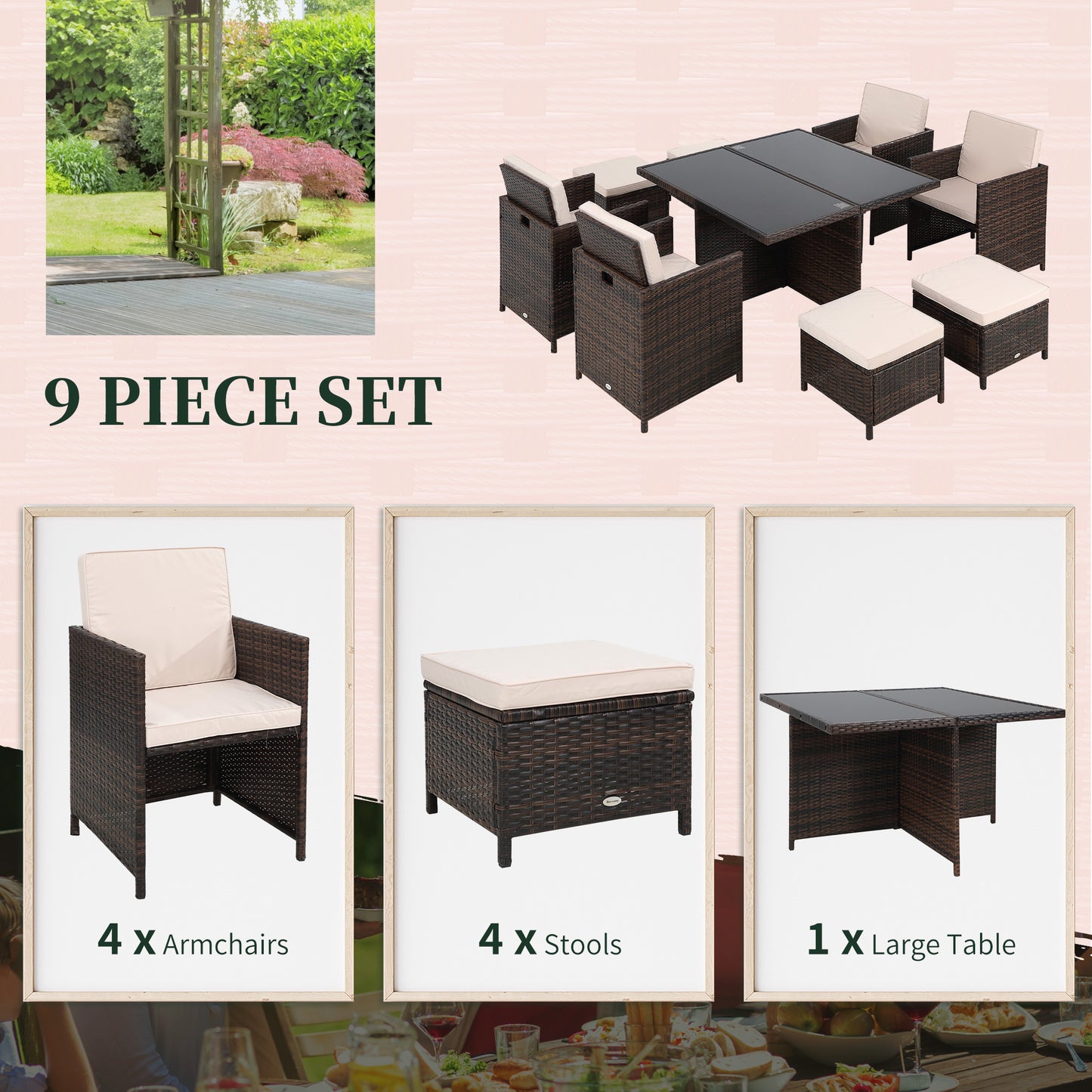 Luso Brown 8 Seater Cube Garden Dining Set With Square Glass Table