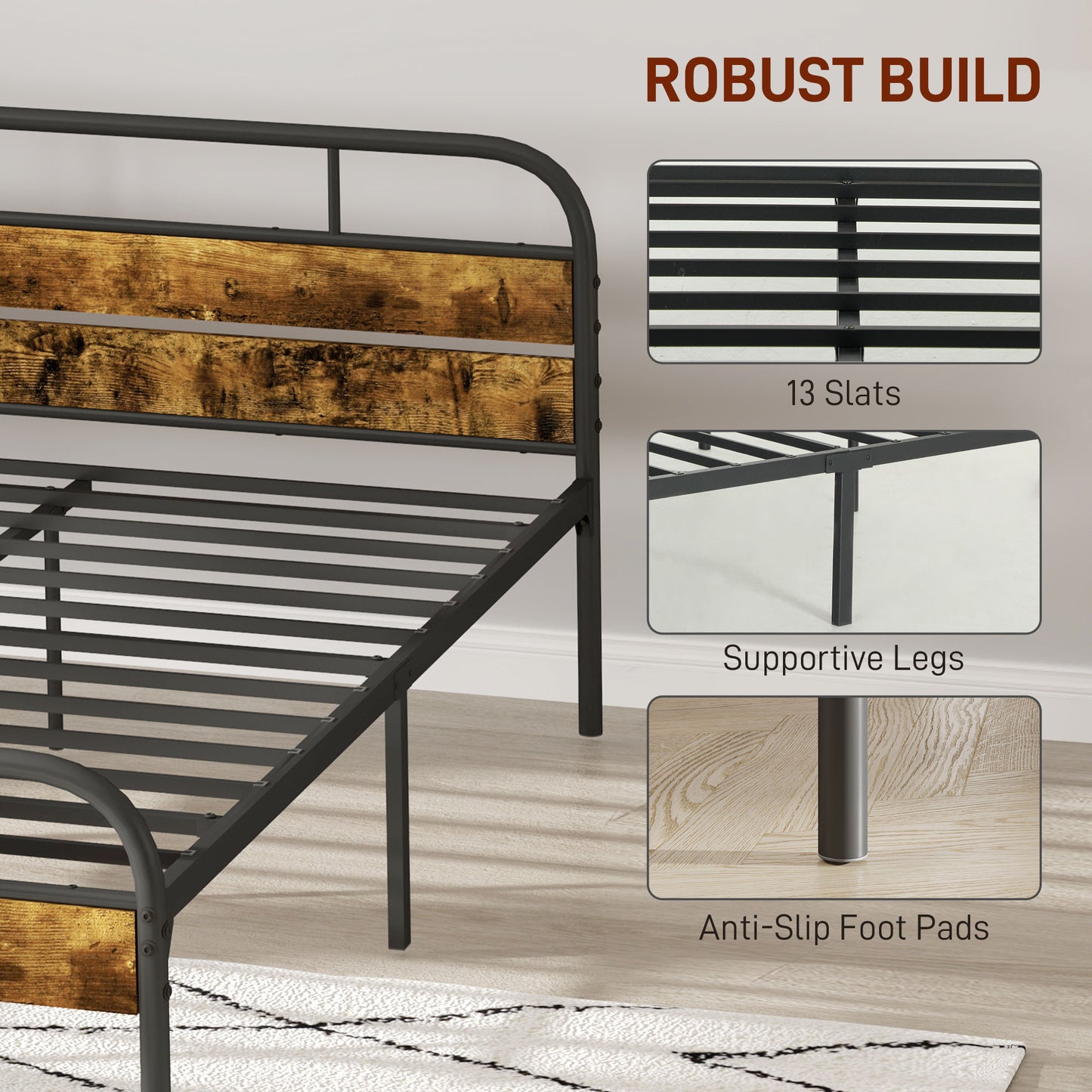 Marera 4FT6 Industrial Double Bed Frame Metal Black and Brown